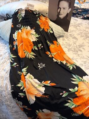 Black Floral Midi Dress with Orange Hibiscus Print